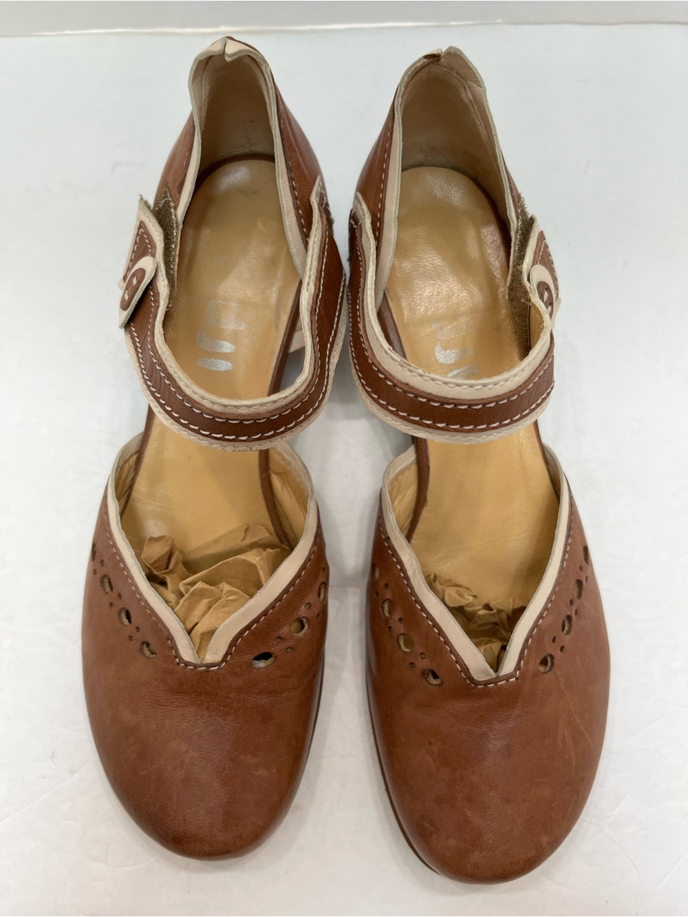 Fidji 26883 Handcrafted Portuguese Brown Leather Mary Jane Heels EU 39/US 8.5